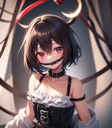 ((ball gagged)),slave,((Red metal collar)),Cute little ,Tiny ,Small girl,,Childish face, Very fine clean face,Top quality, Subtle light, Soft lighting,Light from directly behind, With bust up,Front view,prison