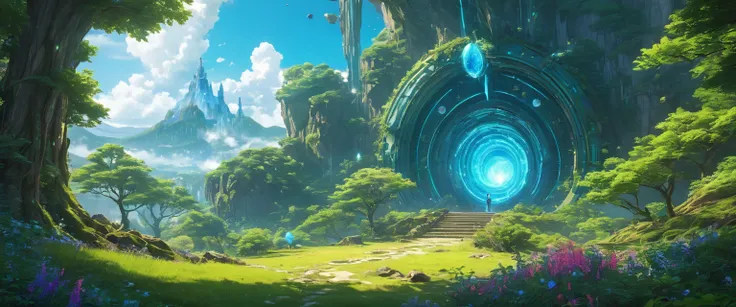 (anime, fantasy, fantasy dimension), (detailed CG unity 8k wallpaper, masterpiece, best quality, ultra-detailed, HDR:1.2), vibrant colors, intricate, high FXAA, unknown land, glowing portal, sci-fi fantasy, particle, unknown foliage