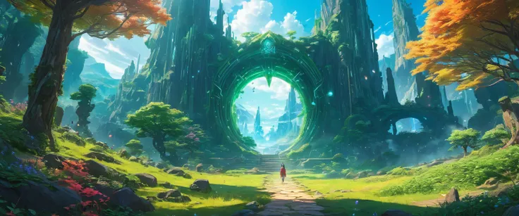 (anime, fantasy, fantasy dimension), (detailed CG unity 8k wallpaper, masterpiece, best quality, ultra-detailed, HDR:1.2), vibrant colors, intricate, high FXAA, unknown land, glowing portal, sci-fi fantasy, particle, unknown foliage