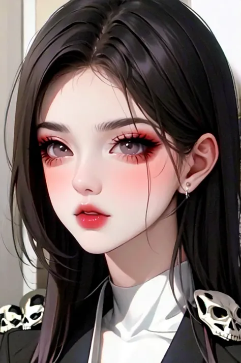 Japanese girl, glamorous and feminine gothic, lined eyes, defined eyebrows, seductive thick lips, 90s style, wears skull-shaped accessories , black and white scene, very slanted eyes, his expression is serious, seductive, Look sideways, he wears totally bl...