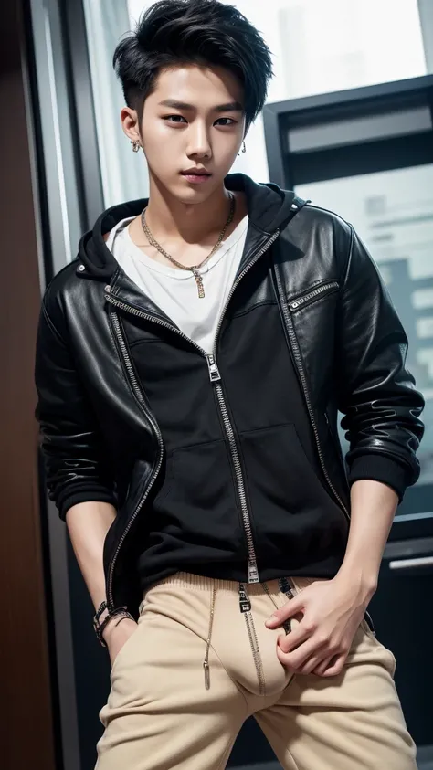 a young man with a perfect face korean k-pop, slanted eyes, stylish and pierced hair, with the zipper of his pants down showing his hard penis sticking out of his underwear