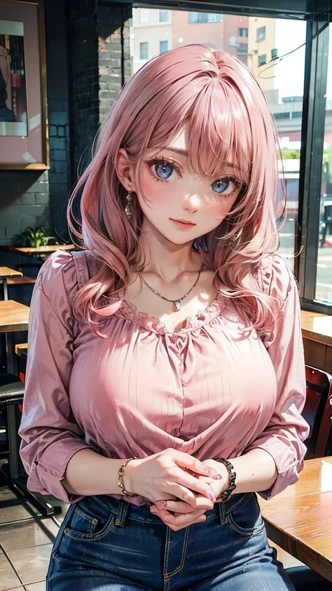 (Masterpiece, BestQuality:1.3), (ultra detailed:1.2), (hyperrealistic:1.3), (RAW photo:1.2), High detail RAW color photo, professional photograph, (Photorealistic:1.4), (realistic:1.4), (Pink Hair:1.5), professional lighting, perfect anatomy, (Big Breasts:...