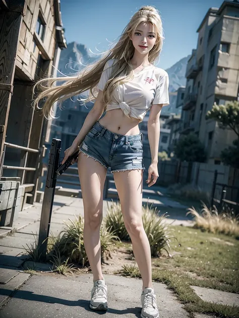 （8K，original photo，Top quality，masterpiece：1.2），（Reality主义，Reality：1.37），Ultra Detailed，Ultra-high resolution，Highland background，grassland，Mountains，Wearing a white short-sleeved shirt，Bare belly，Blue denim super shorts，Hourglass figure，Wear black tactica...