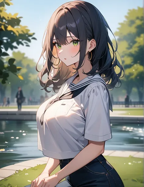 (masterpiece:1.2, Highest quality), 1 Female, alone, Upper Body, Big Breasts, dark wash skinny jeans, White Sailor, Ankle boots, Loose waves, Center Part, Simple hoop earrings, green park