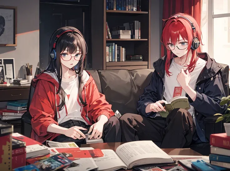 A red-haired woman is sitting and listening to music. Next to her is a man with black hair and glasses reading a book. The room is a little messy. He seems to be relaxed. 28 years old. Night.