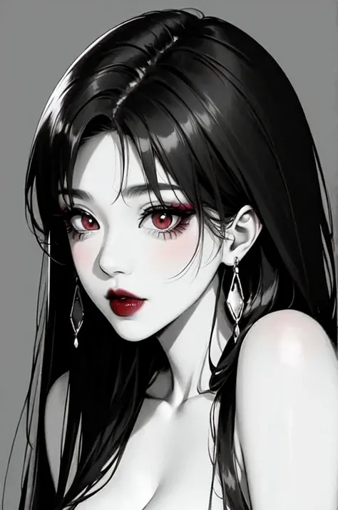 Anime character Tomie from junji ito, solo, school short uniform, lipstick, red lips, long hair, dress, plunging neckline, makeup, monochrome, white background, earrings, cleavage, jewelry, upper body, spot color, hair over shoulder,dark theme,shiny,shiny ...