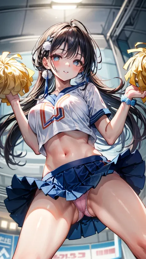 (Best quality, 8k, 32k, Masterpiece, UHD,:1.2),RAW, 1girl,ultra cute , natural lighting,transparent shining eyes, 20yo ,fair complexion, long hair, french braid, flushed face,femur, ,dynamic pose, (seductive smile, upper eyes, parted lips),(cheerleader wit...