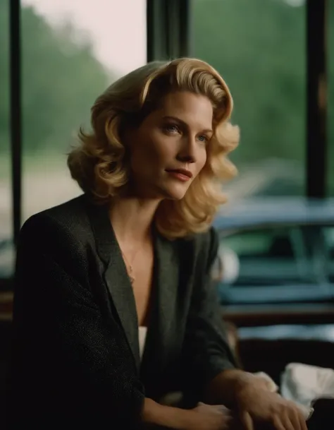 Skyler white with a 1990’s hairstyle, 1990’s fashion clothing