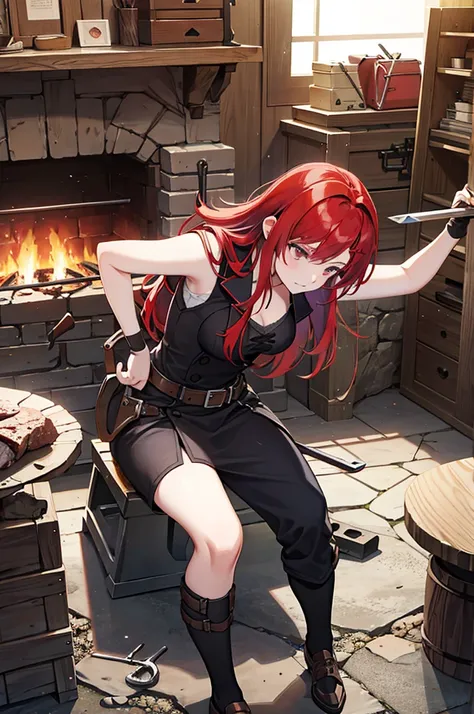 red hair female blacksmith hammering steel on anvil