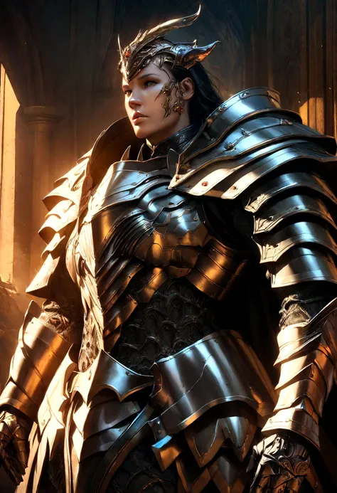 A highly detailed anime character in heavy armor, hyperrealistic, extremely detailed facial features, intricate armor design, volumetric lighting, cinematic composition, digital painting, vibrant colors, dramatic shadows, epic fantasy style