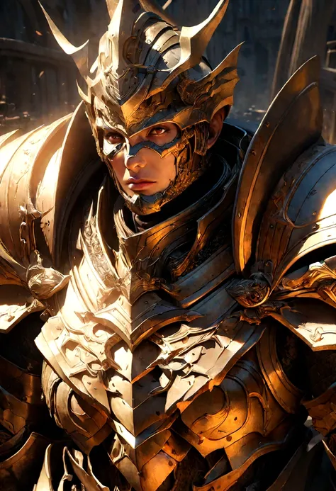 A highly detailed anime character in heavy armor, hyperrealistic, extremely detailed facial features, intricate armor design, volumetric lighting, cinematic composition, digital painting, vibrant colors, dramatic shadows, epic fantasy style