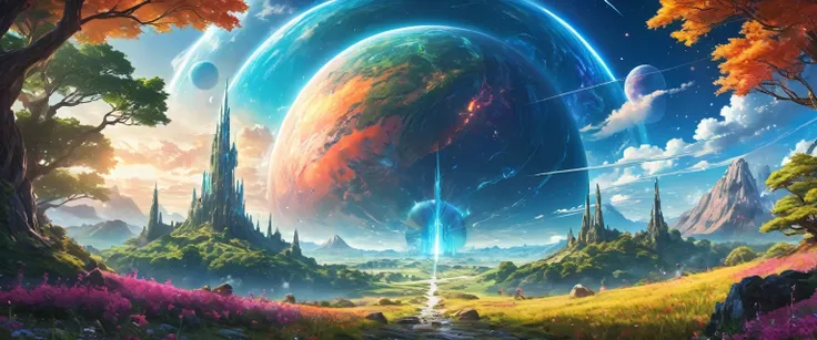 (anime, fantasy, fantasy dimension), (detailed CG unity 8k wallpaper, masterpiece, best quality, ultra-detailed, HDR:1.2), vibrant colors, intricate, high FXAA, unknown land, glowing portal, sci-fi fantasy, unknown foliage, sky full of planet