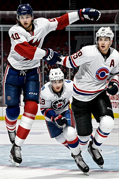 A photograph for a book, of a hockey player and a boy in a white shirt, both running in opposite directions, where you can see that his hands were held but they were released in opposite directions, making reference to the work of art The Creation of Adam