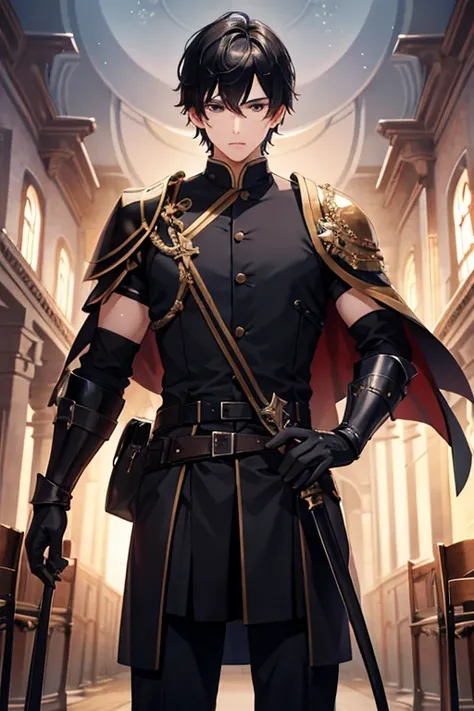 The young male character looks mature.,short black hair,black eyes,Put on the Holy Knight&#39;s shirt,