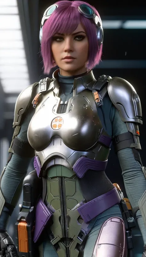 professional 3d model Cinematic scene, sabine wren, SILVER armor (HUGE BREASTS), Ghost in the Shell, detailed background, masterpiece, best quality, high quality, highres, absurdres . octane render, highly detailed, volumetric, dramatic lighting
