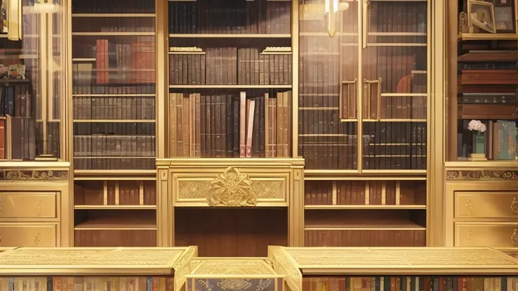 a bookshelf made of solid gold, completely empty and with details in musical notes