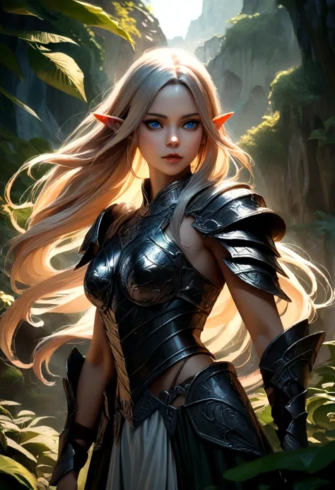 beautiful elf warrior, heterochromia, 1girl, detailed face, piercing gaze, elegant posture, flowing hair, intricate armor, detailed textures, dramatic lighting, cinematic composition, fantasy landscape, lush foliage, epic heroic mood, masterpiece, photorea...