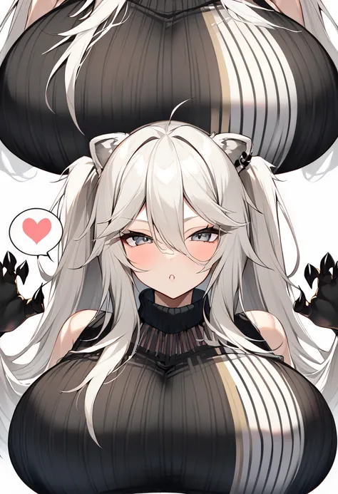 Shishirabotan、Black knitted clothes、Vertical sweater clothes、Black sweater、Huge breasts:1.5、sagging breast:1.5、1girl、portrait、spoken heart、face focus、straight hair、Twin tails、Slightly messy hair、White lion、claw pose