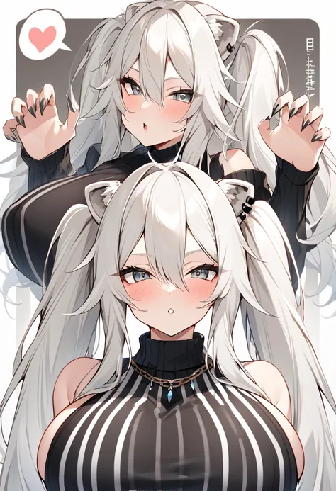 Shishirabotan、Black knitted clothes、Vertical sweater clothes、Black sweater、Huge breasts:1.5、sagging breast:1.5、1girl、portrait、spoken heart、face focus、straight hair、Twin tails、Slightly messy hair、White lion、claw pose