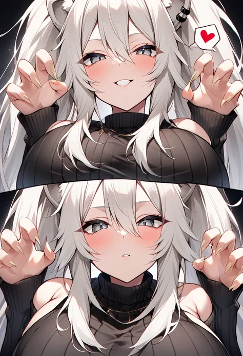 Shishirabotan、Black knitted clothes、Vertical sweater clothes、Black sweater、Huge breasts:1.5、sagging breast:1.5、1girl、portrait、spoken heart、face focus、straight hair、Twin tails、Slightly messy hair、White lion、claw pose