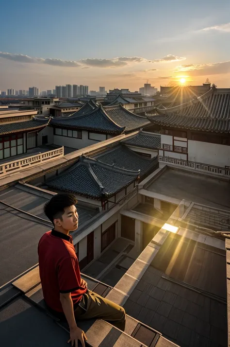 A Chinese aesthetic boy, on the roof of a building, backwards, Watching the sunset.