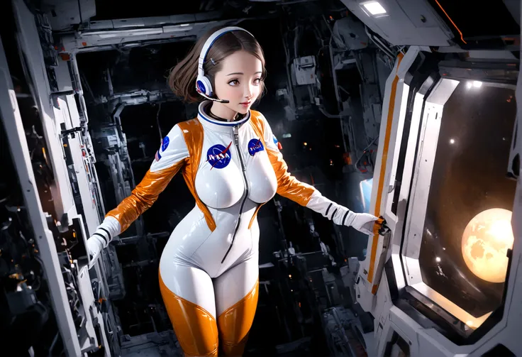 a cute woman with a headset, wearing a NASA skin suit, tight hairdo, navigating a cramped space station in zero gravity, checking instruments, highly detailed, cinematic lighting, photorealistic, 8k, hyper detailed, studio lighting, physically-based render...