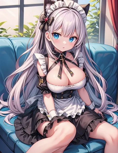 Anime girl sitting on sofa，There is a cat on his lap, from Girls Frontline, Fine details. Girls Frontline, best anime 4k konachan wallpaper, Anime girl in maid costume, anime barbie doll white , Ink art animation , Attractive anime girl, From the Azur Lane...