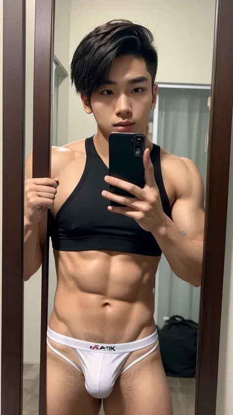 a young athletic body with a perfect face korean k-pop, slanted eyes, stylish and pierced hair, showing his big hard penis sticking out of his underwear. He is in front of the mirror holding a cell phone