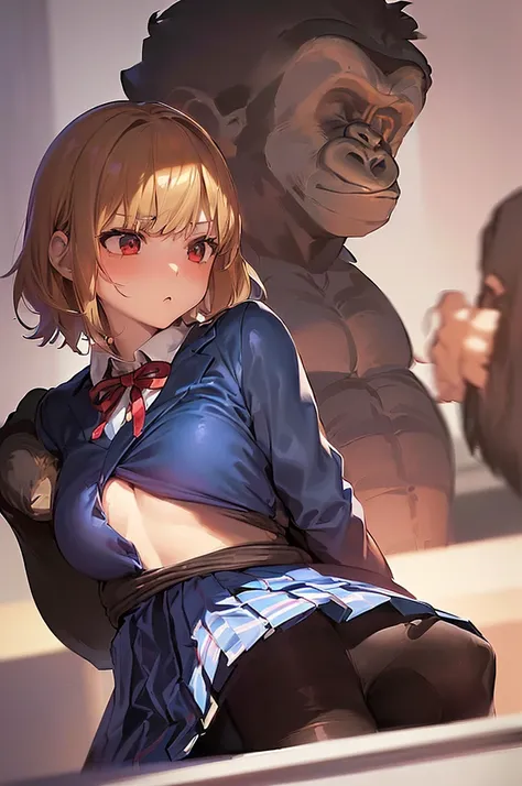 masterpiece, best quality,anime style, 1 girl,(((slender body))), (((small breast))),(((blue blazer,white shirt,checkered pleated skirt,red ribbon,black pantyhose))),(((((a gorilla man grabbing the girl))))), ((((restrained, arms behind back)))),((((cum)))...