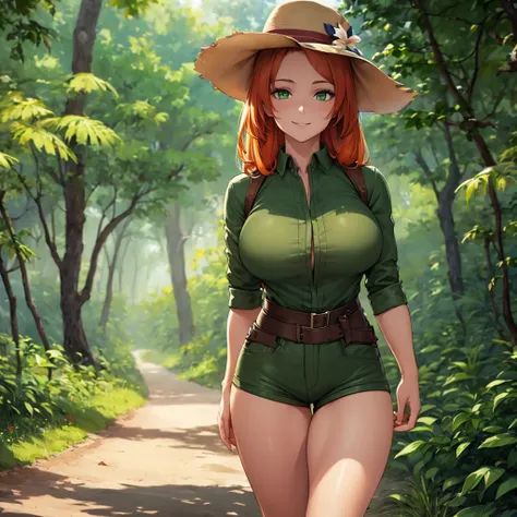 a woman wearing a ranger uniform, moss green shirt, shorts with army camouflage, ranger hat, walking on a dirt forest walk, arm ...