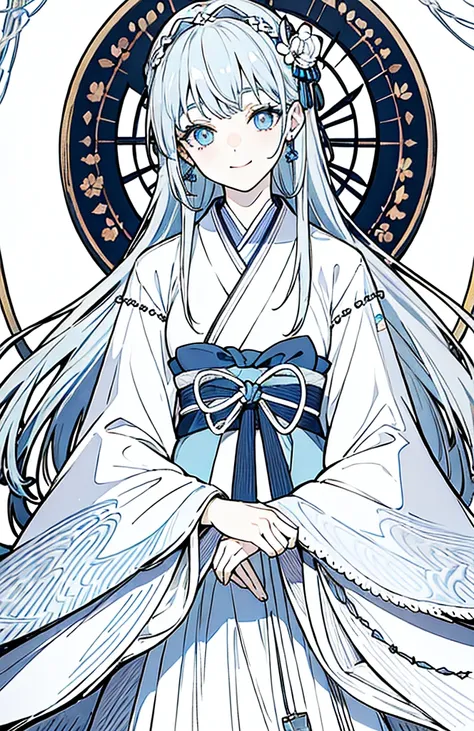 ((Highest quality)), ((masterpiece)), (Get used to it), Perfect Face , beautiful girl ,Gray Hair、White light blue eyes、1 white/light blue hair accessory、Japanese clothing、earrings、Long Hair、smile,