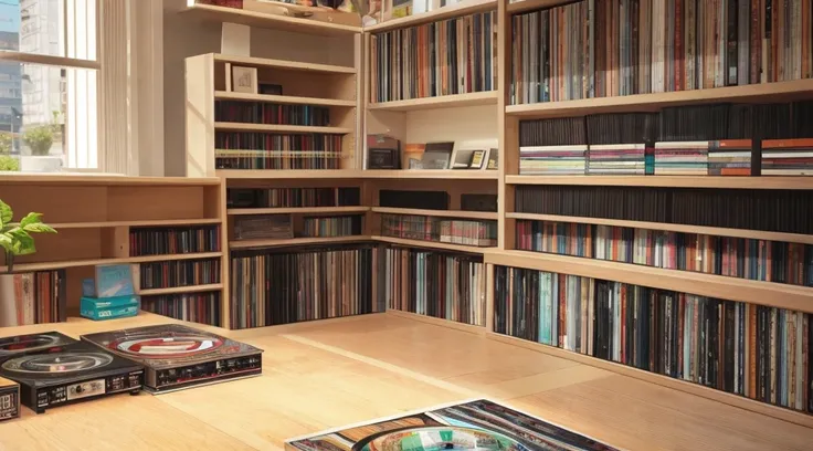 an empty table in the front and in the background a shelf full of Vinyl records in the background