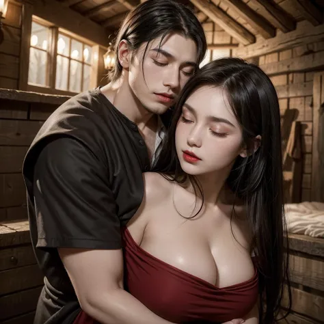 A girl (long black hair) , clear skin, big brown eyes, Slim appearance, Red lips, with big breast (dress, era, medieval) and a 19-year-old man (short hair) broad and marked chest, high, It lasts, era, medieval, cabin, he kissed, hug, Closed eyes, head on