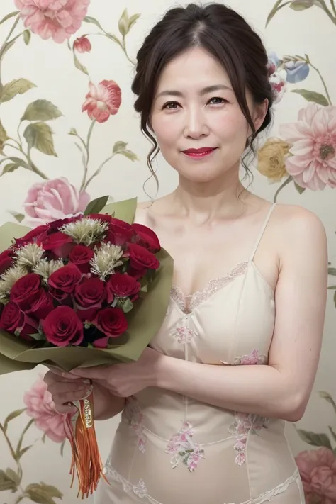 A calm and mature 55 year old Japanese woman, Married women, Delicate features, Long eyelashes, Sparkling eyes, Low Ponytail, Red lipstick, Rosy Cheeks, Heavy makeup, elegant, Candid pose, Beige bra, Nude photoshoot, Beige panties, whole body, bouquet, wal...