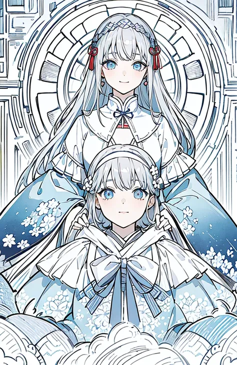 ((Highest quality)), ((masterpiece)), (Get used to it), Perfect Face , beautiful girl ,Gray Hair、White light blue eyes、1 white/light blue hair accessory、Japanese clothing、earrings、Long Hair、smile,From the chest up