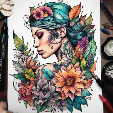 Tattoo colorful Style: Develop a surreal realistic garden where nude human bodies morph into lush flowers and foliage. Utilize vibrant colors and delicate details to symbolize the acceptance of the unique and natural beauty of each body. tattoo color, art ...