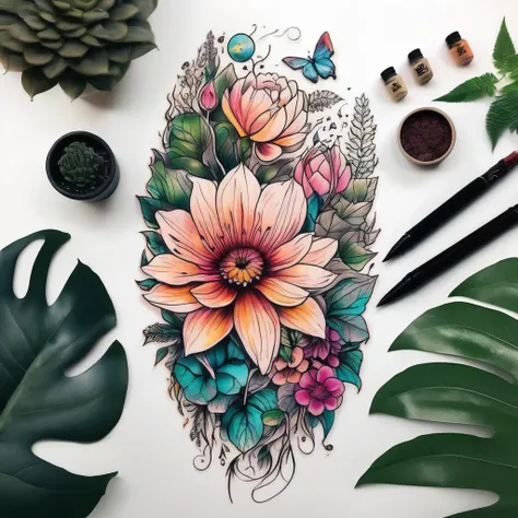 Tattoo colorful Style: Develop a surreal realistic garden where nude human bodies morph into lush flowers and foliage. Utilize vibrant colors and delicate details to symbolize the acceptance of the unique and natural beauty of each body. tattoo color, art ...