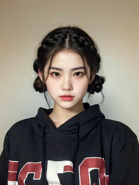 Arabed woman in black hoodie taking selfie, Young cute pale Asian face, Braided hairstyle, Korean Girl, two Braided hairstyle, Brown hair，Two hair buns, Short braided hair, Ulzan, korean symmetrical face, Southeast Asians，Round Face, Asian Girls, beautiful...