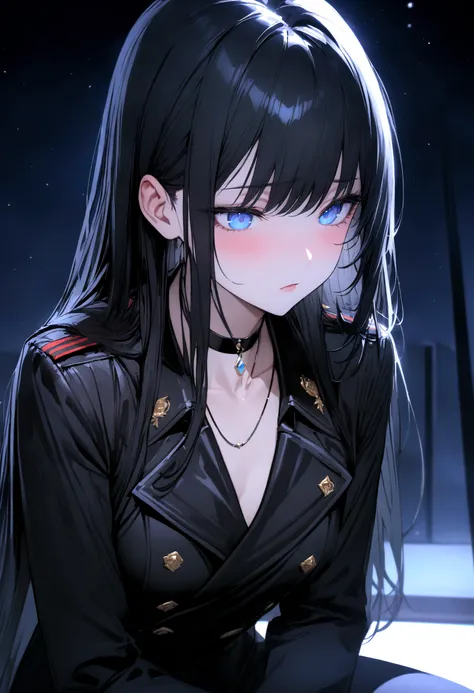 (Top quality)), ((masterpiece)), ((Ultra Detailed)), (Extremely refined), Black hair, Black long straight hair, Beautiful flat chested woman, Cold expression, blue eyes, Black Choker Necklace, Transparent and refreshing black military uniform, Black pants,...