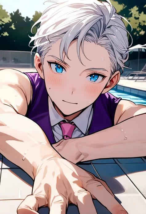 white haired boy, blue eyes, purple vest, pink tie, at the pool