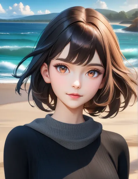 anime girl with short middle hair standing on beach near ocean, brown eyes detailed digital anime art , anime girl with middle hair, smooth anime cg art, anime girl with short hair, digital anime art, artwork in the style of guweiz, beautiful anime portrai...