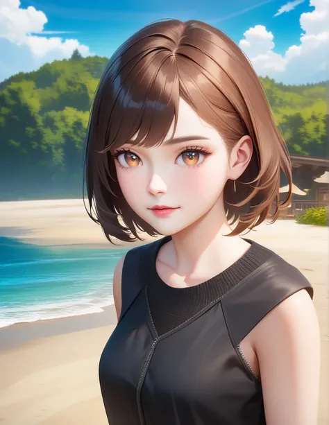 anime girl with short middle hair standing on beach near ocean, brown eyes detailed digital anime art , anime girl with middle hair, smooth anime cg art, anime girl with short hair, digital anime art, artwork in the style of guweiz, beautiful anime portrai...