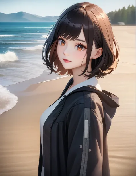 anime girl with short middle hair standing on beach near ocean, brown eyes detailed digital anime art , anime girl with middle hair, smooth anime cg art, anime girl with short hair, digital anime art, artwork in the style of guweiz, beautiful anime portrai...