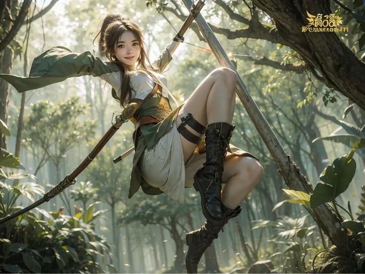 Close-up shot of teenage girl jumping while shooting arrows in forest，Smiling emoticon