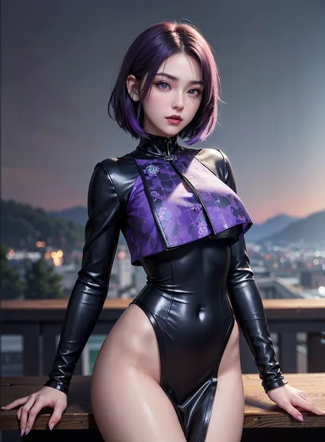 SFW, purple eye quality, Masterpiece painting:1.3), Oboro, mature woman, 26 years old, (half body shot:1.3), , , (fascinating look:1.5), purple hair, Short hair, Layered Bob Hair, (big bust:1.6), (small waist:1.1), split, perfect body, (Athlete body shape:...