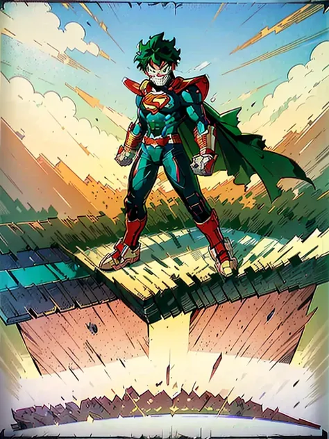 (((My Hero Academia Style))), ((Izuku Midoriya)), ((Izuku Midoriya in Superman-shaped armor)), (((Perfect Anatomy))), (((Perfect Hands))), ( ((Super Detailed))), (((Full body photo:1.5))), (((Superman Armor))), (((Green Armor))), (((Green Superman Cape))),...