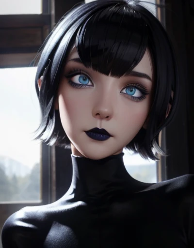 Beautiful slender girl looking at viewer with impressive huge bust ,nswf blue eyes white skin short black hair bob style thick lips black labi and gothic makeup,  perfect beautiful and detailed face,