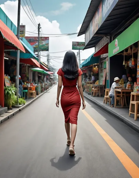 landscape of a beautiful Indonesian woman walking on the road to the mall passing a hangout place, the picture was taken from a shop. full shot, rear view, ultra realistic, no shadow, perfect detail, ultra realism, ultra detail, 8k