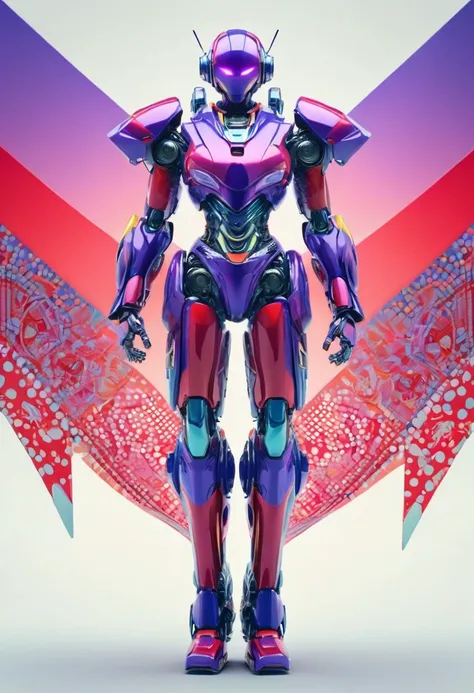 The robot stands out as an eccentric fusion of art and technology. It is clad in an intricate armored suit, combining elements of mesh wire with paisley patterns, giving it an unusual texture. The robots color palette is a striking mix of blue-violet, bord...