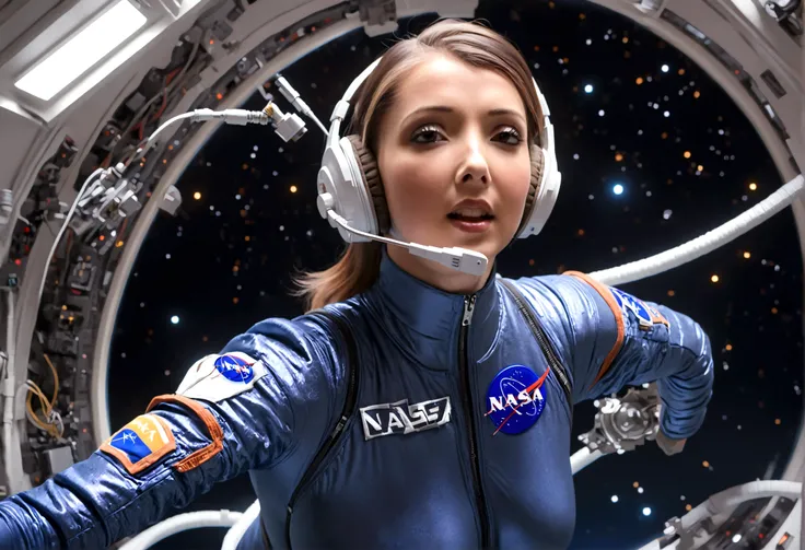 a cute woman with a headset, wearing a NASA skin suit, tight hairdo, navigating a cramped space station in zero gravity, checking instruments, highly detailed, cinematic lighting, photorealistic, 8k, hyper detailed, studio lighting, physically-based render...